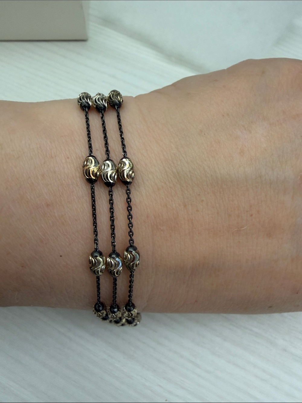 Sterling silver Triple-Row Black Chain Bracelet with silver Accent Beads